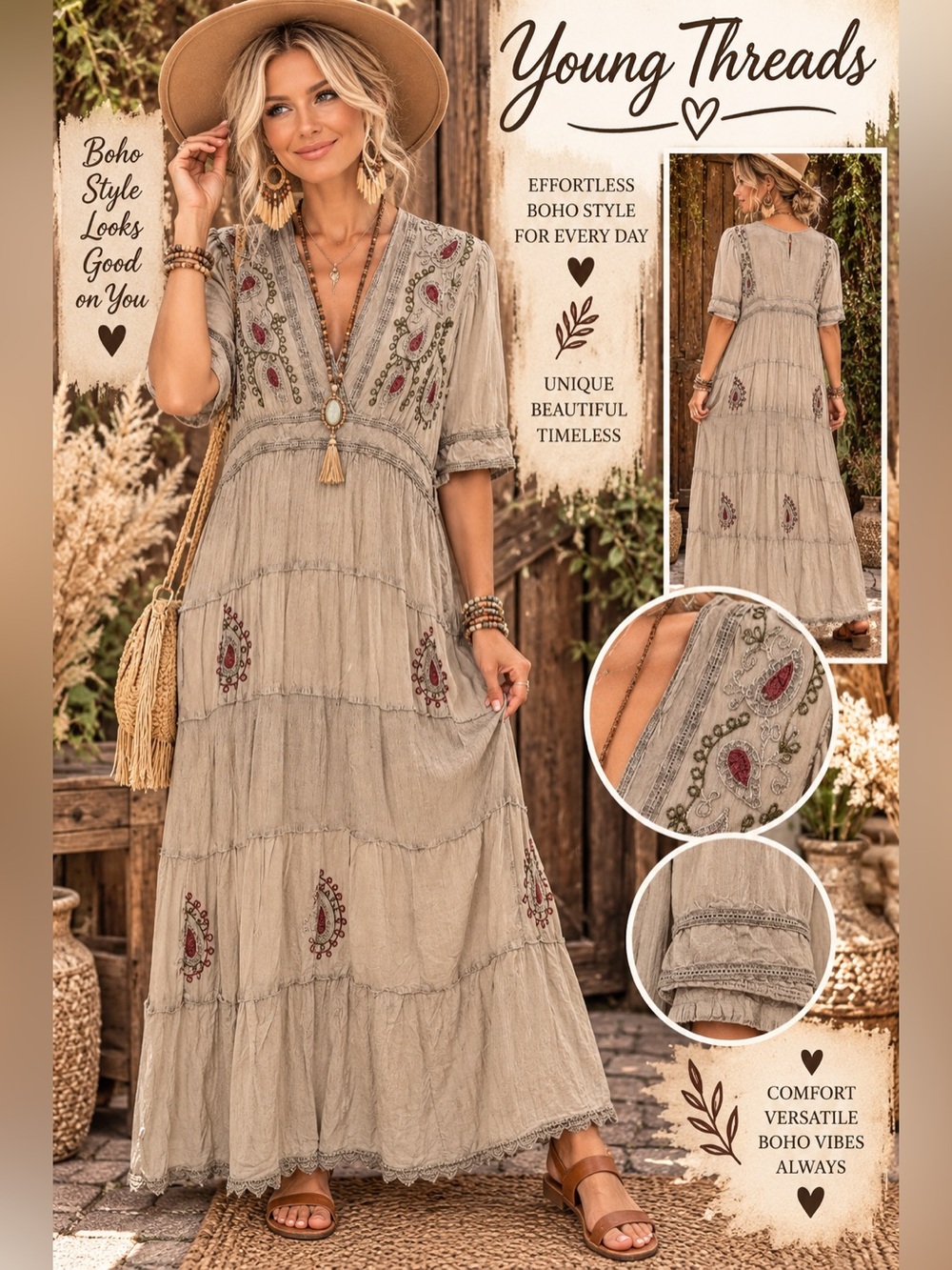 Young Threads Taupe Embroidered Boho Maxi Dress